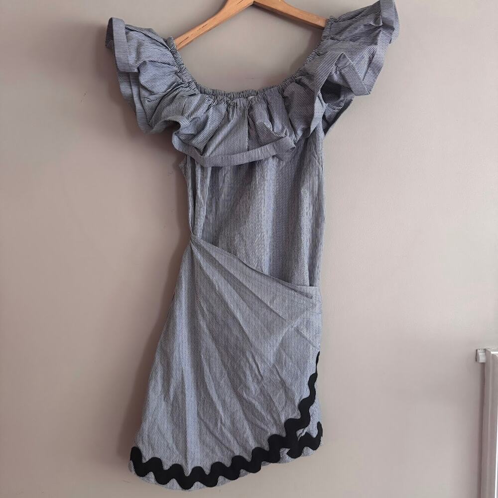 Misa Los Angeles Blue Striped Print Scallop Dress Tie Waist Size Small